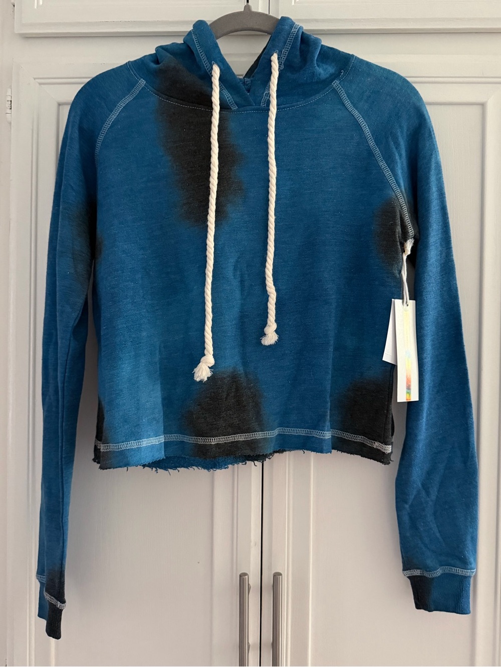 Lagaci Blue Tie-Dye Cropped Hoodie with Cream Rope Drawstring Brand New With Tag